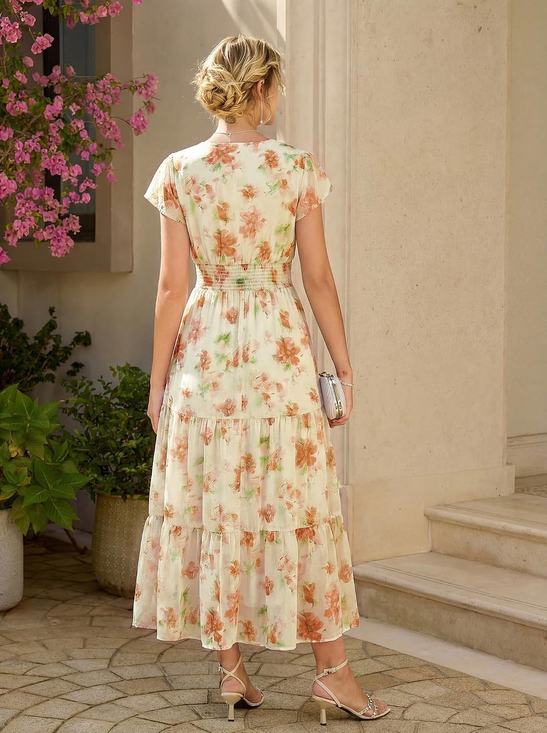 image:imageGRACE KARIN 2026 Women Summer DressMaxi Short Sleeve Floral DressesSemi Formal Flowy Wedding Guest Dress with PocketRice With Light Orange Flowers