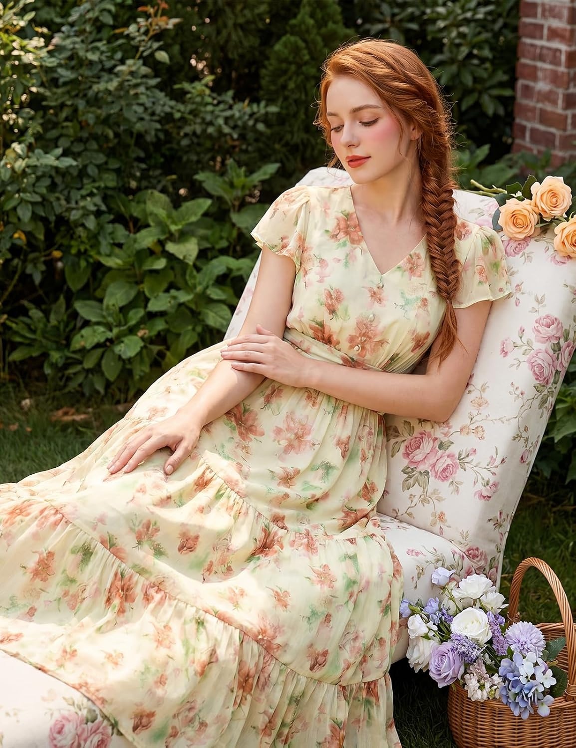 image:imageGRACE KARIN 2026 Women Summer DressMaxi Short Sleeve Floral DressesSemi Formal Flowy Wedding Guest Dress with PocketRice With Light Orange Flowers