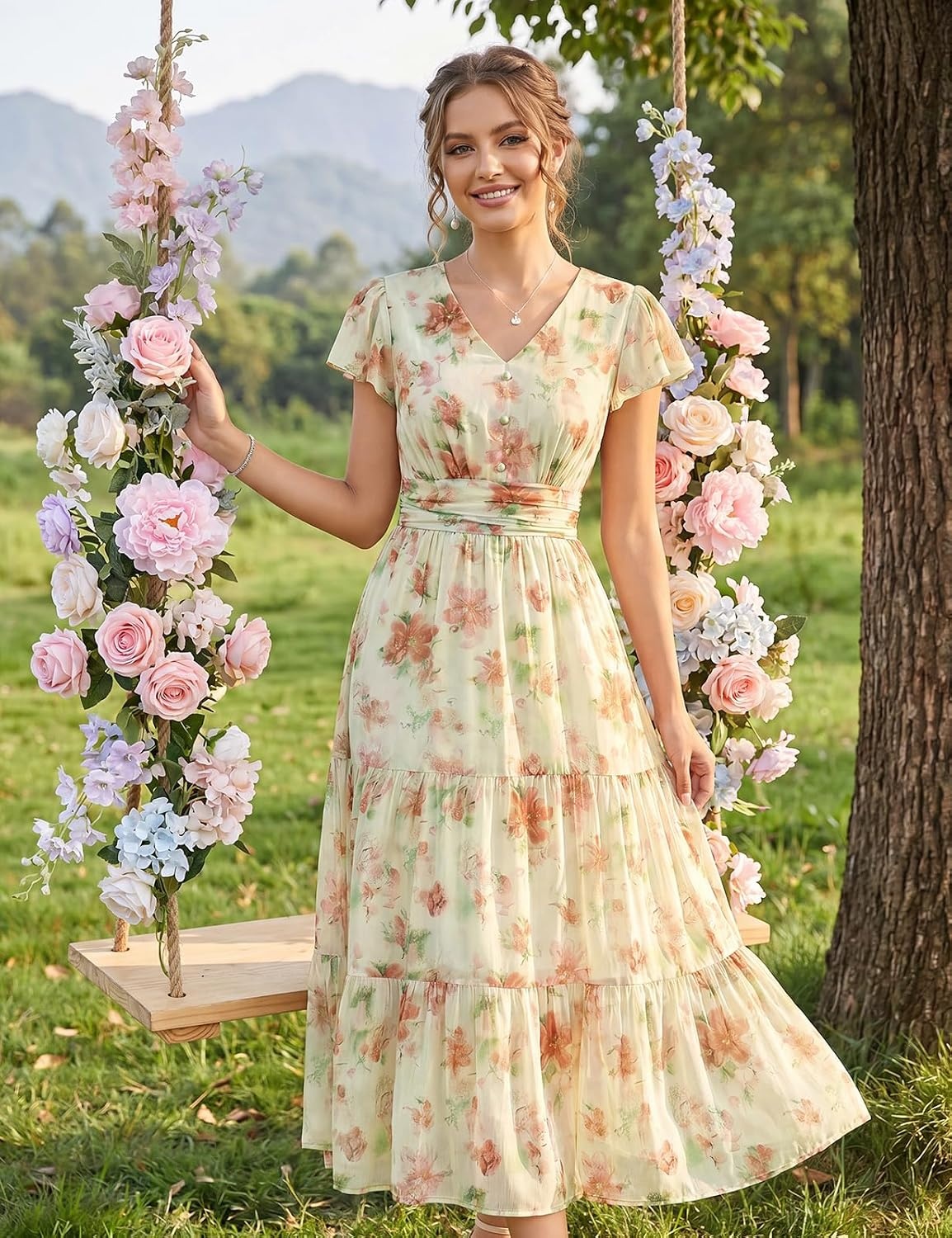 image:imageGRACE KARIN 2026 Women Summer DressMaxi Short Sleeve Floral DressesSemi Formal Flowy Wedding Guest Dress with PocketRice With Light Orange Flowers