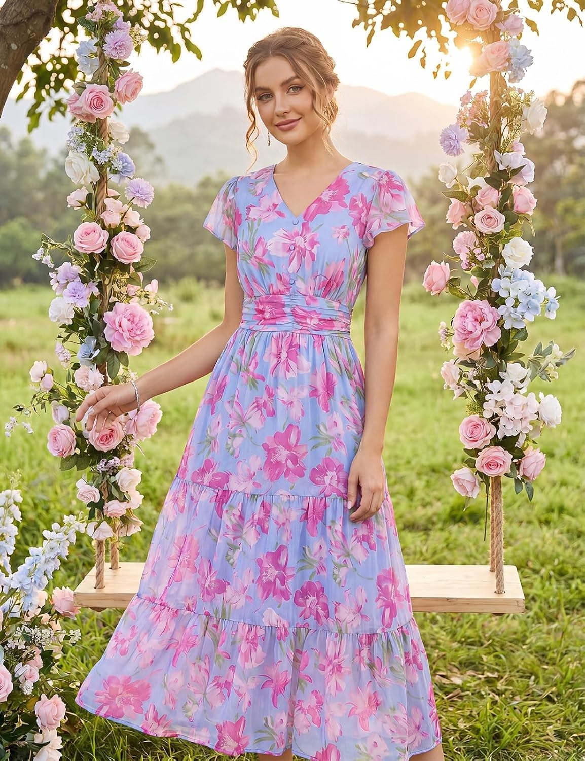image:imageGRACE KARIN 2026 Women Summer DressMaxi Short Sleeve Floral DressesSemi Formal Flowy Wedding Guest Dress with PocketSky Blue With Pink Flowers