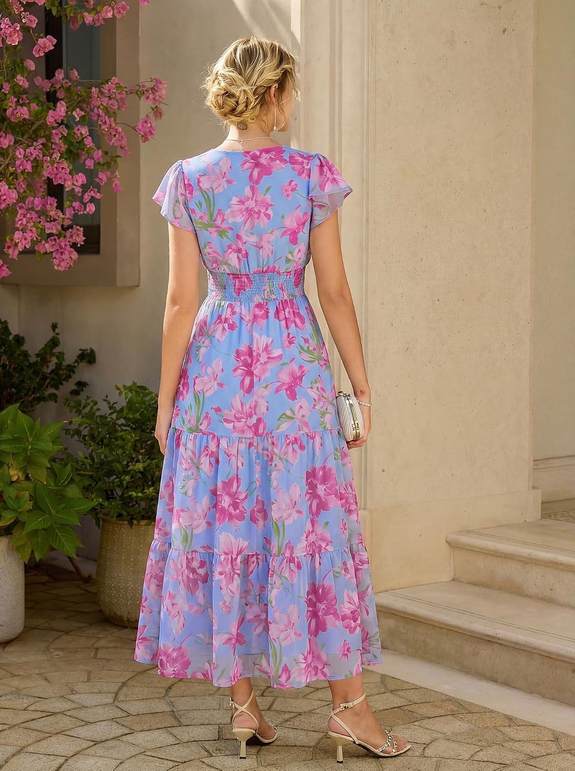image:imageGRACE KARIN 2026 Women Summer DressMaxi Short Sleeve Floral DressesSemi Formal Flowy Wedding Guest Dress with PocketSky Blue With Pink Flowers