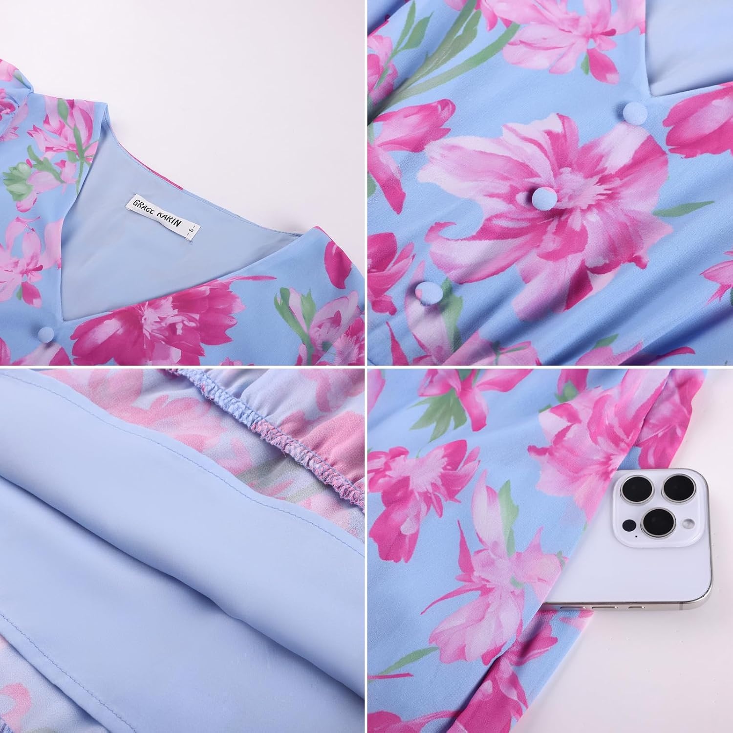 image:imageGRACE KARIN 2026 Women Summer DressMaxi Short Sleeve Floral DressesSemi Formal Flowy Wedding Guest Dress with PocketSky Blue With Pink Flowers