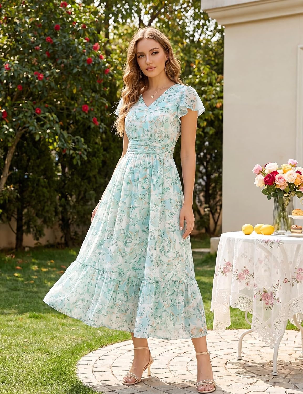image:imageGRACE KARIN 2026 Women Summer DressMaxi Short Sleeve Floral DressesSemi Formal Flowy Wedding Guest Dress with PocketWhite With Blue and Green Flowers