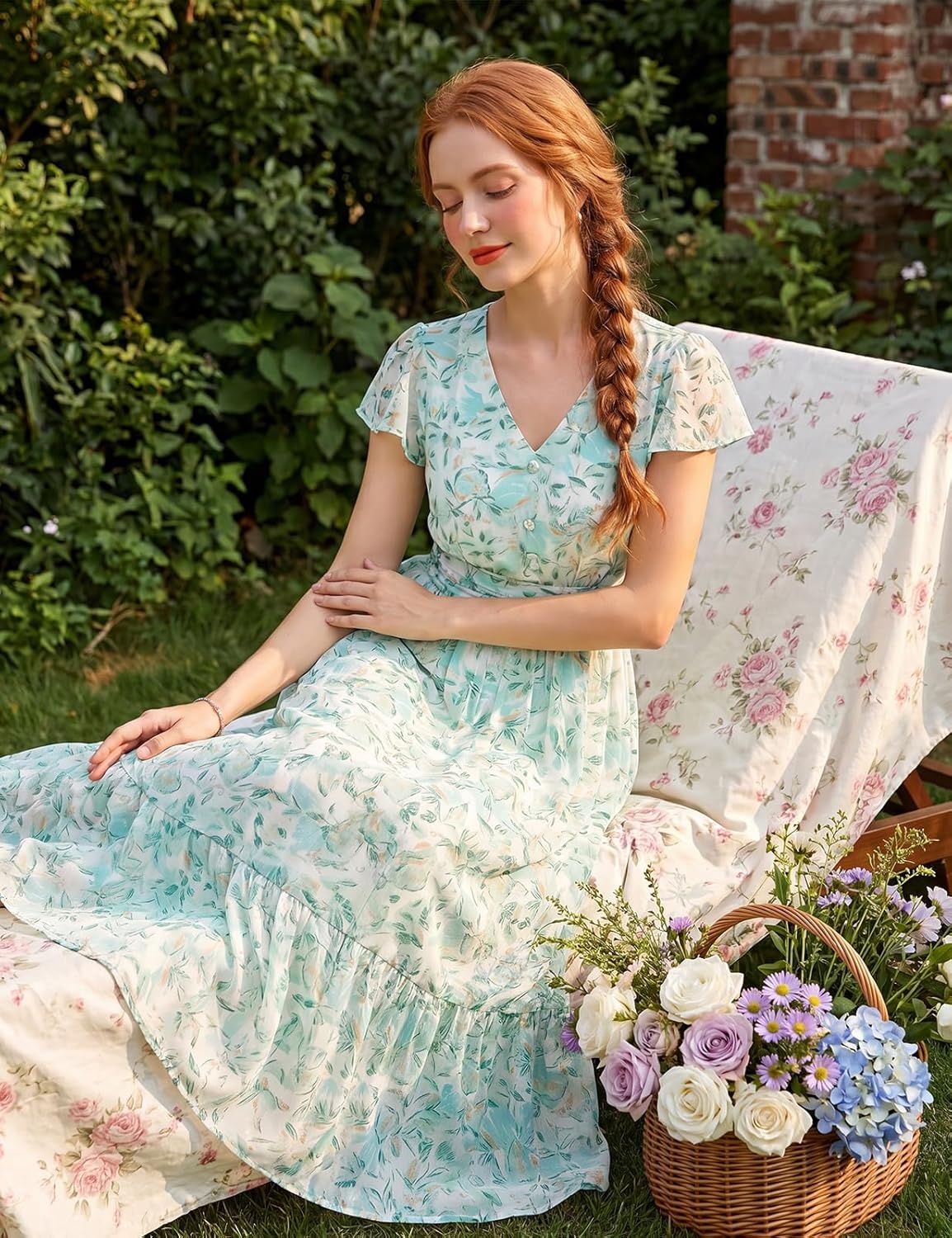 image:imageGRACE KARIN 2026 Women Summer DressMaxi Short Sleeve Floral DressesSemi Formal Flowy Wedding Guest Dress with PocketWhite With Blue and Green Flowers