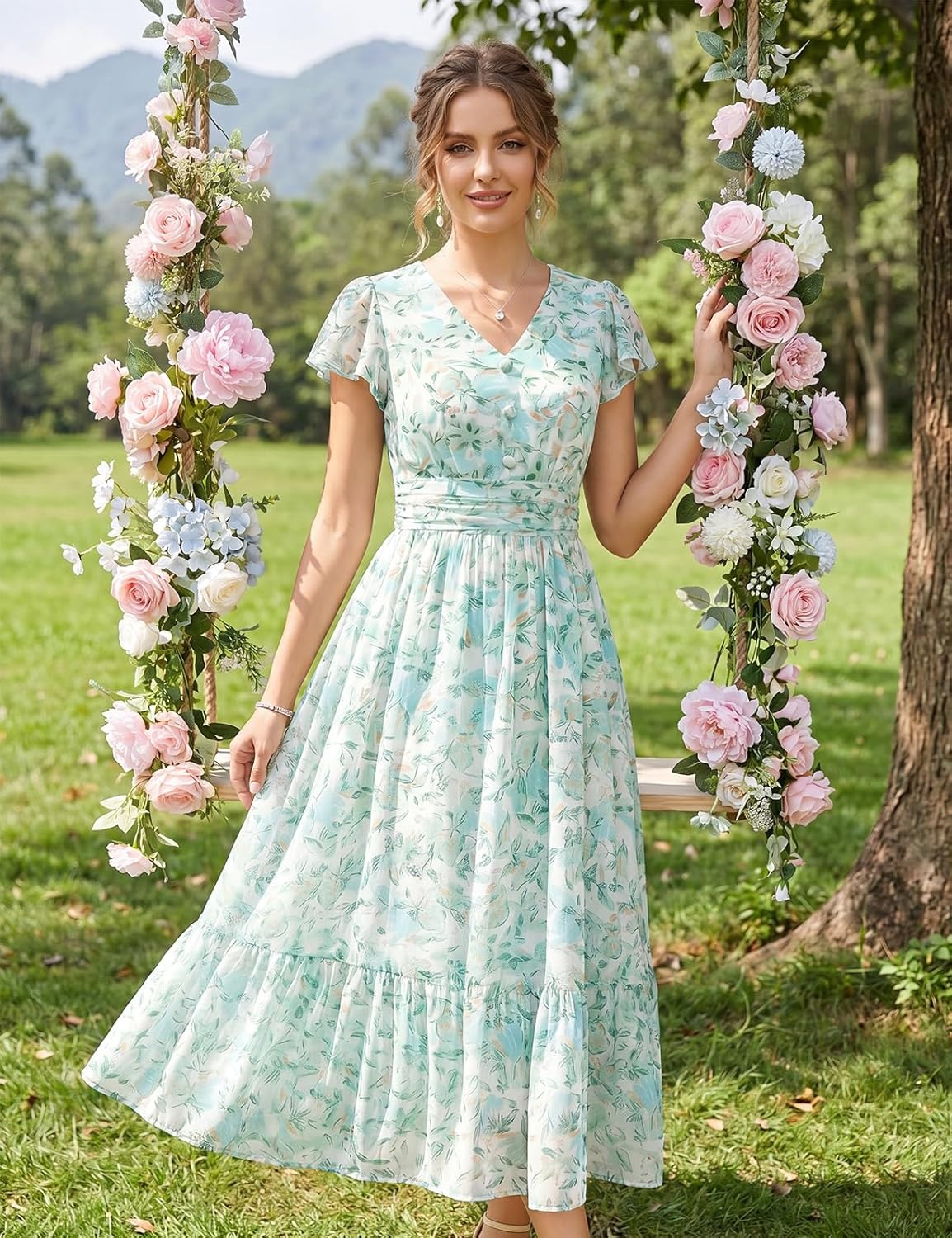 image:imageGRACE KARIN 2026 Women Summer DressMaxi Short Sleeve Floral DressesSemi Formal Flowy Wedding Guest Dress with PocketWhite With Blue and Green Flowers