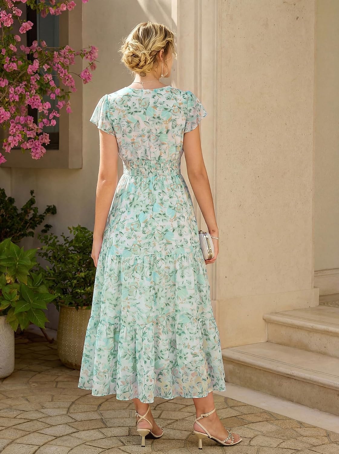 image:imageGRACE KARIN 2026 Women Summer DressMaxi Short Sleeve Floral DressesSemi Formal Flowy Wedding Guest Dress with PocketWhite With Blue and Green Flowers