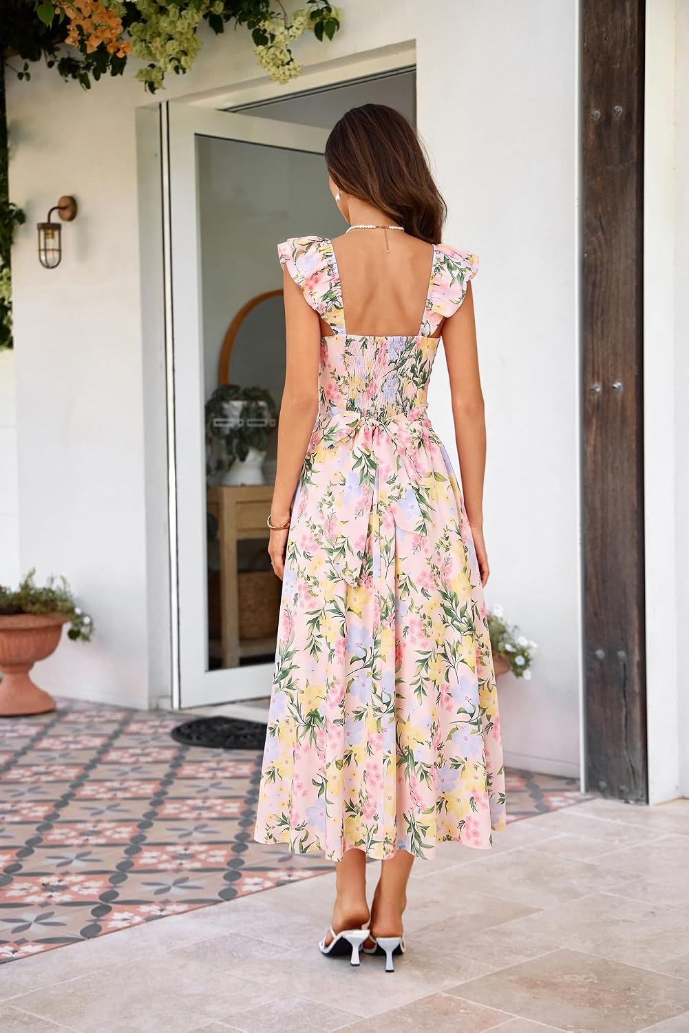 image:imageGRACE KARIN 2026 Women Summer Maxi Floral Corset DressRuffle Sleeve Milkmaid Dresses Wedding Guest Dresses with PocketBlue Yellow Pink Flower