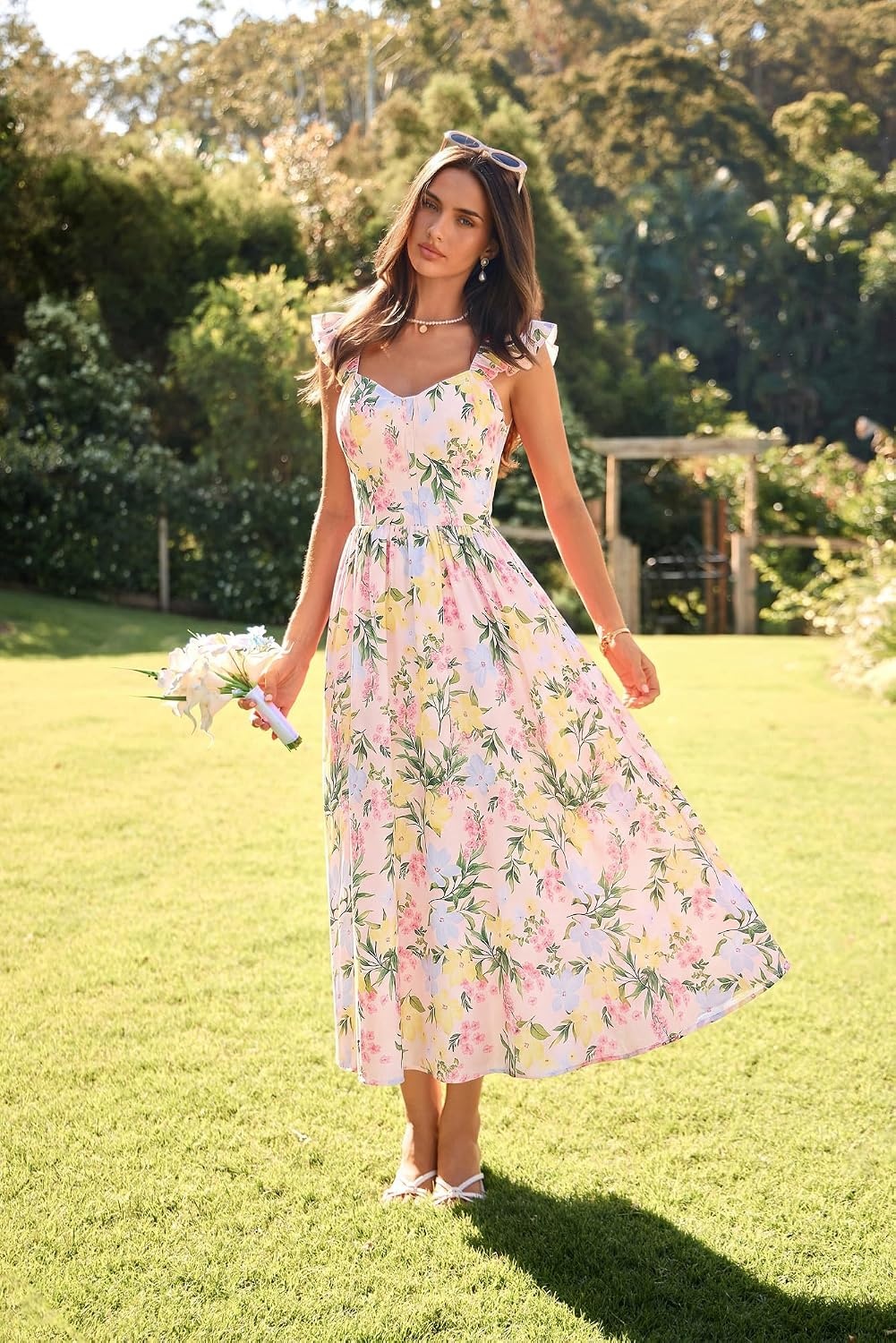 image:imageGRACE KARIN 2026 Women Summer Maxi Floral Corset DressRuffle Sleeve Milkmaid Dresses Wedding Guest Dresses with PocketBlue Yellow Pink Flower