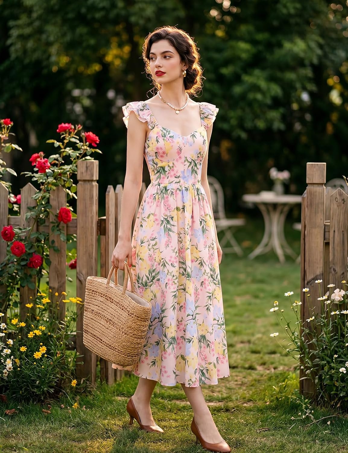 image:imageGRACE KARIN 2026 Women Summer Maxi Floral Corset DressRuffle Sleeve Milkmaid Dresses Wedding Guest Dresses with PocketBlue Yellow Pink Flower