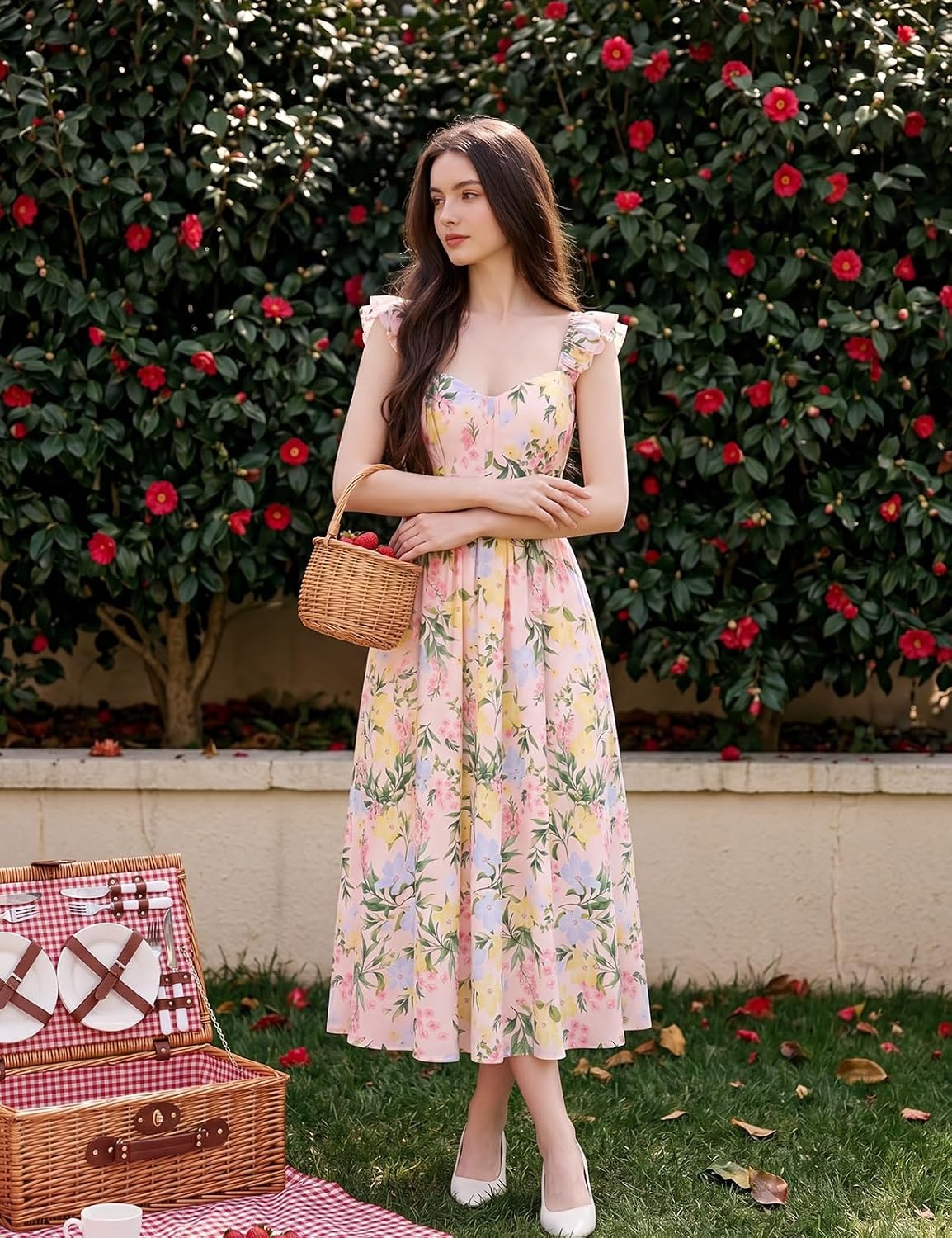 image:imageGRACE KARIN 2026 Women Summer Maxi Floral Corset DressRuffle Sleeve Milkmaid Dresses Wedding Guest Dresses with PocketBlue Yellow Pink Flower