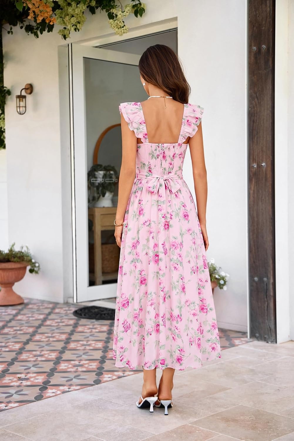 image:imageGRACE KARIN 2026 Women Summer Maxi Floral Corset DressRuffle Sleeve Milkmaid Dresses Wedding Guest Dresses with PocketFoundation With Pink Floral
