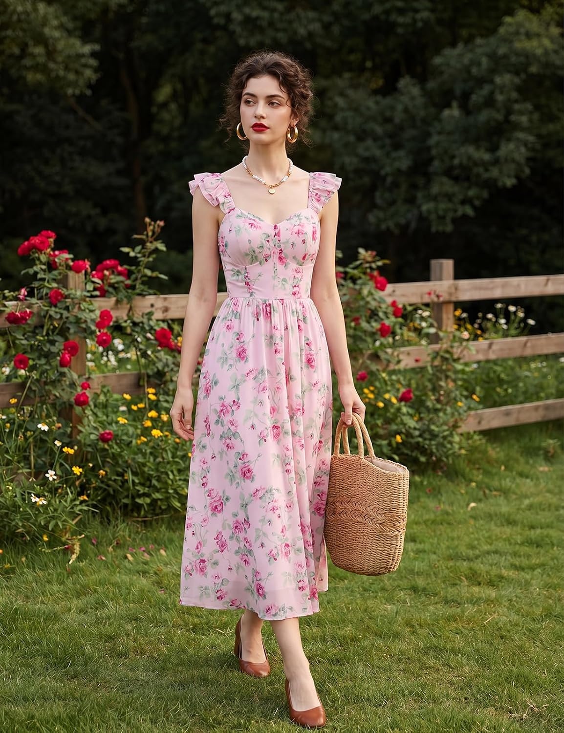 image:imageGRACE KARIN 2026 Women Summer Maxi Floral Corset DressRuffle Sleeve Milkmaid Dresses Wedding Guest Dresses with PocketFoundation With Pink Floral