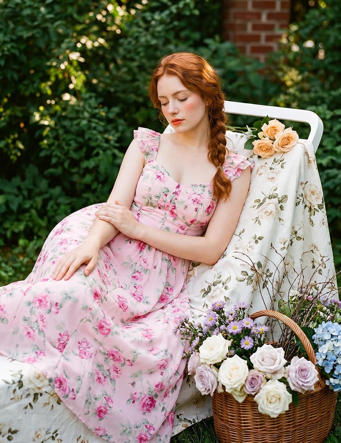 image:imageGRACE KARIN 2026 Women Summer Maxi Floral Corset DressRuffle Sleeve Milkmaid Dresses Wedding Guest Dresses with PocketFoundation With Pink Floral