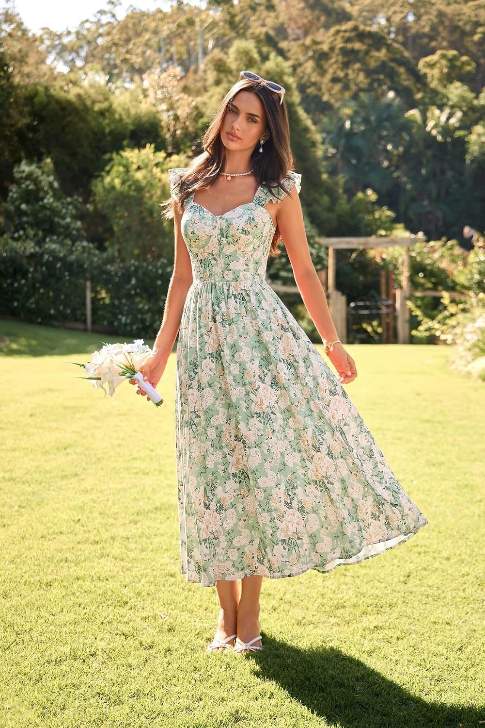 image:imageGRACE KARIN 2026 Women Summer Maxi Floral Corset DressRuffle Sleeve Milkmaid Dresses Wedding Guest Dresses with PocketGreen With White Yellow Flowers