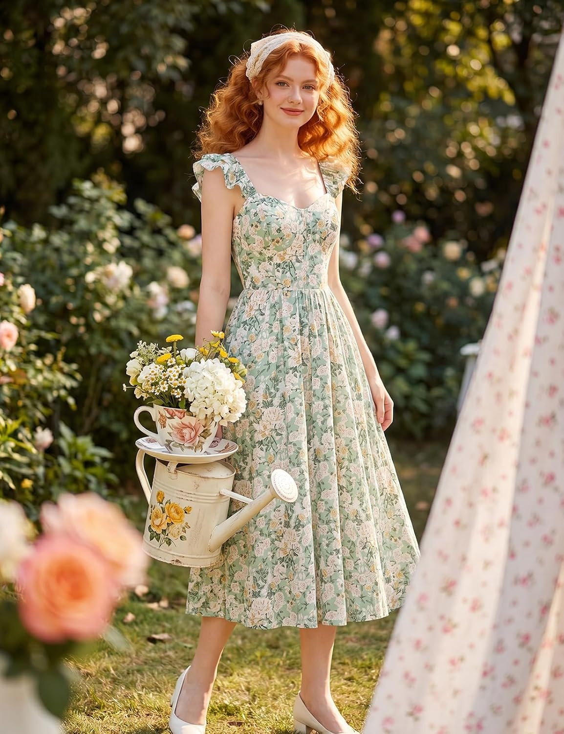 image:imageGRACE KARIN 2026 Women Summer Maxi Floral Corset DressRuffle Sleeve Milkmaid Dresses Wedding Guest Dresses with PocketGreen With White Yellow Flowers