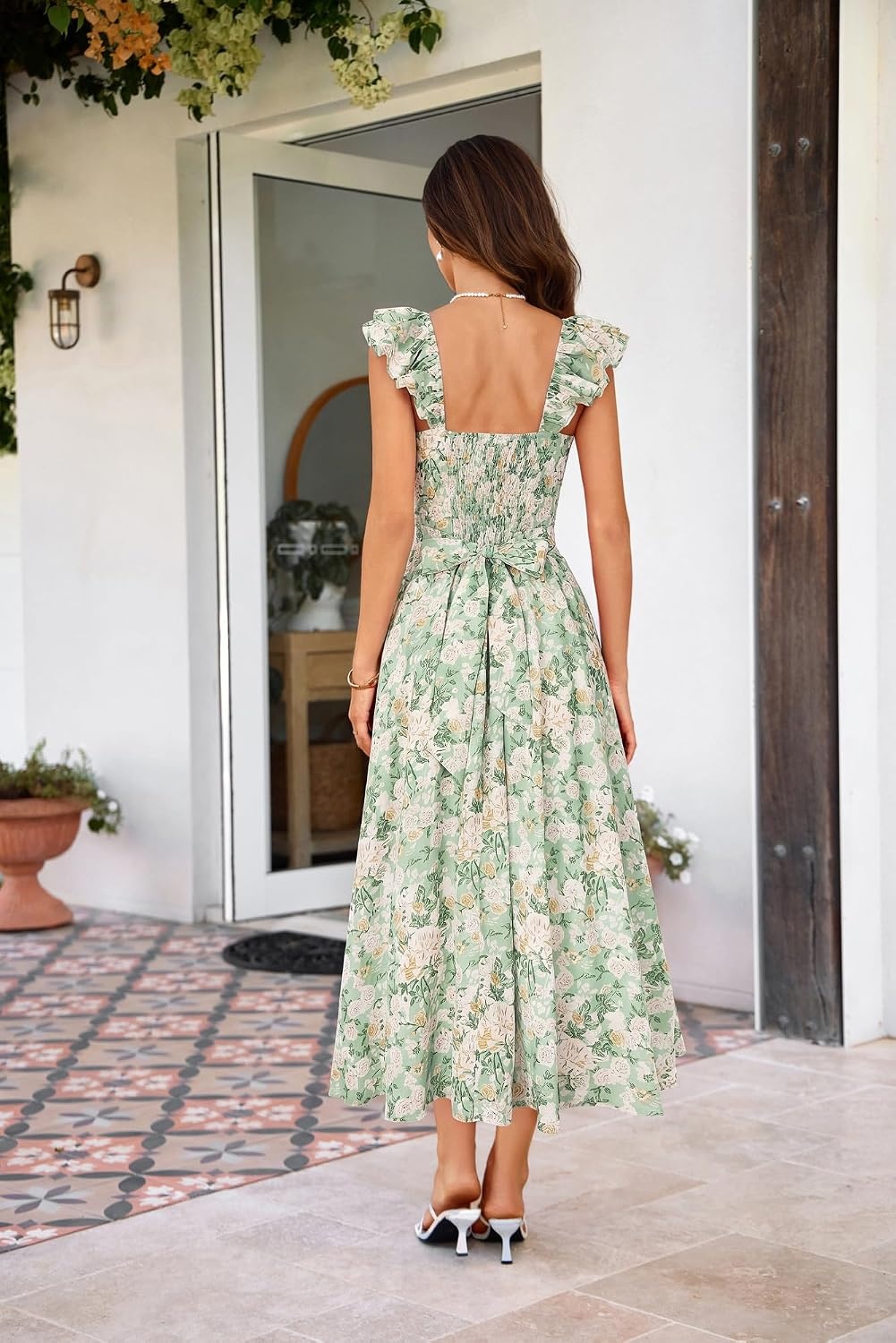 image:imageGRACE KARIN 2026 Women Summer Maxi Floral Corset DressRuffle Sleeve Milkmaid Dresses Wedding Guest Dresses with PocketGreen With White Yellow Flowers