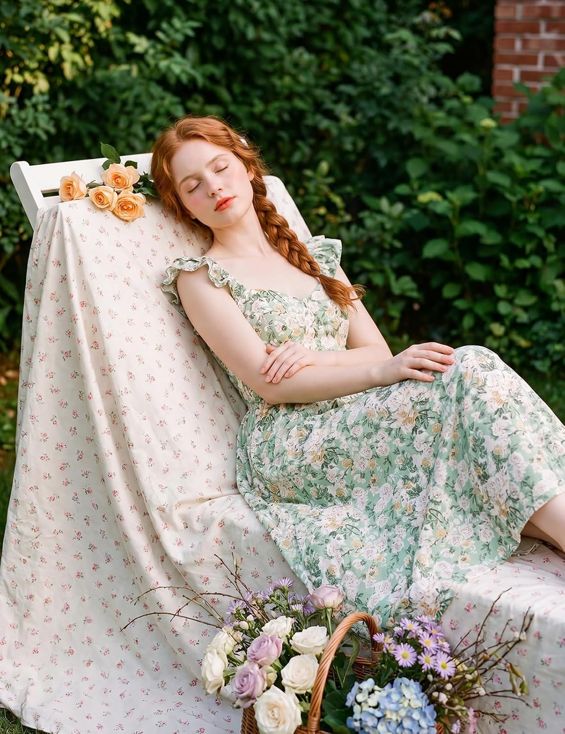 image:imageGRACE KARIN 2026 Women Summer Maxi Floral Corset DressRuffle Sleeve Milkmaid Dresses Wedding Guest Dresses with PocketGreen With White Yellow Flowers