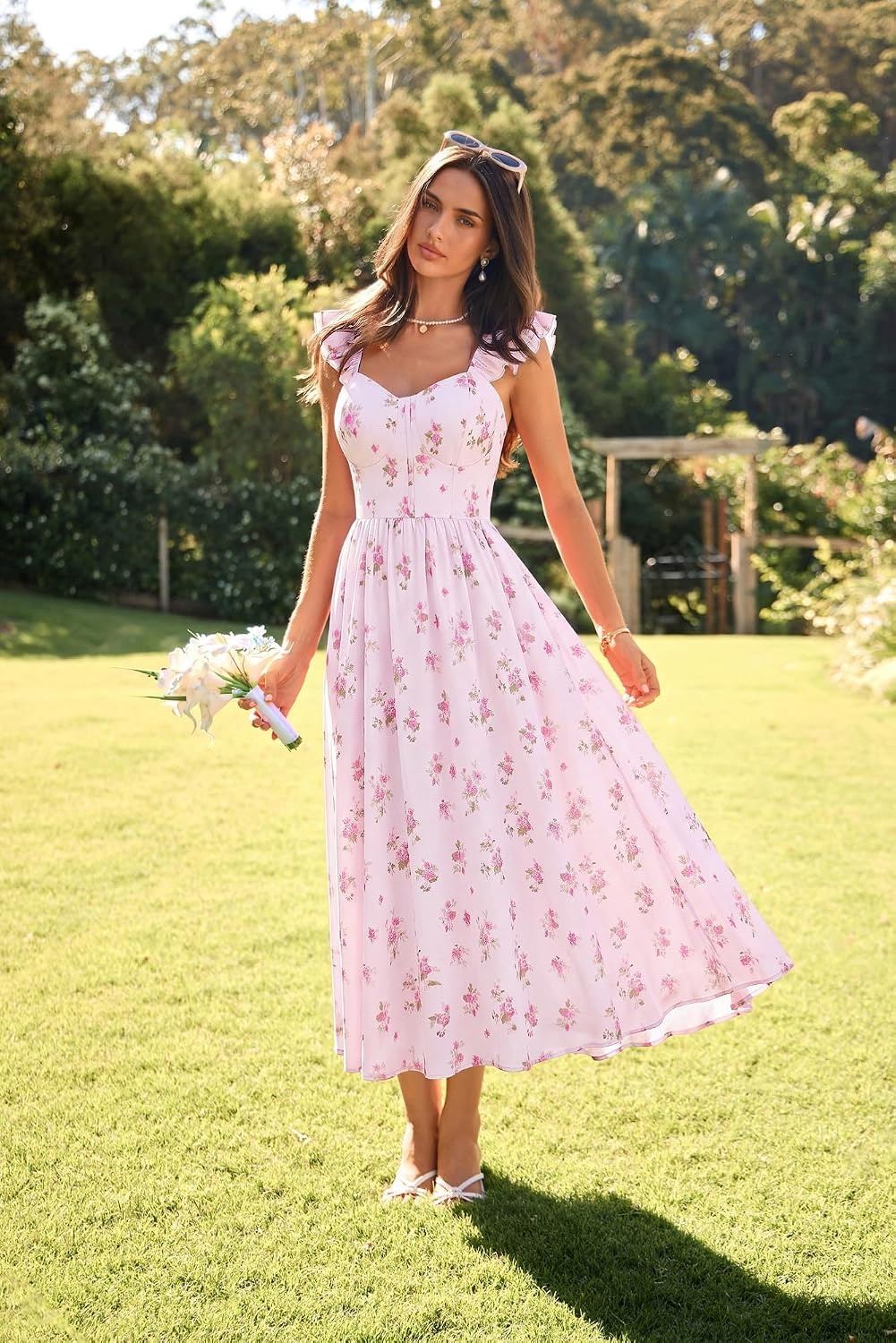 image:imageGRACE KARIN 2026 Women Summer Maxi Floral Corset DressRuffle Sleeve Milkmaid Dresses Wedding Guest Dresses with PocketSmall Floral Foundation