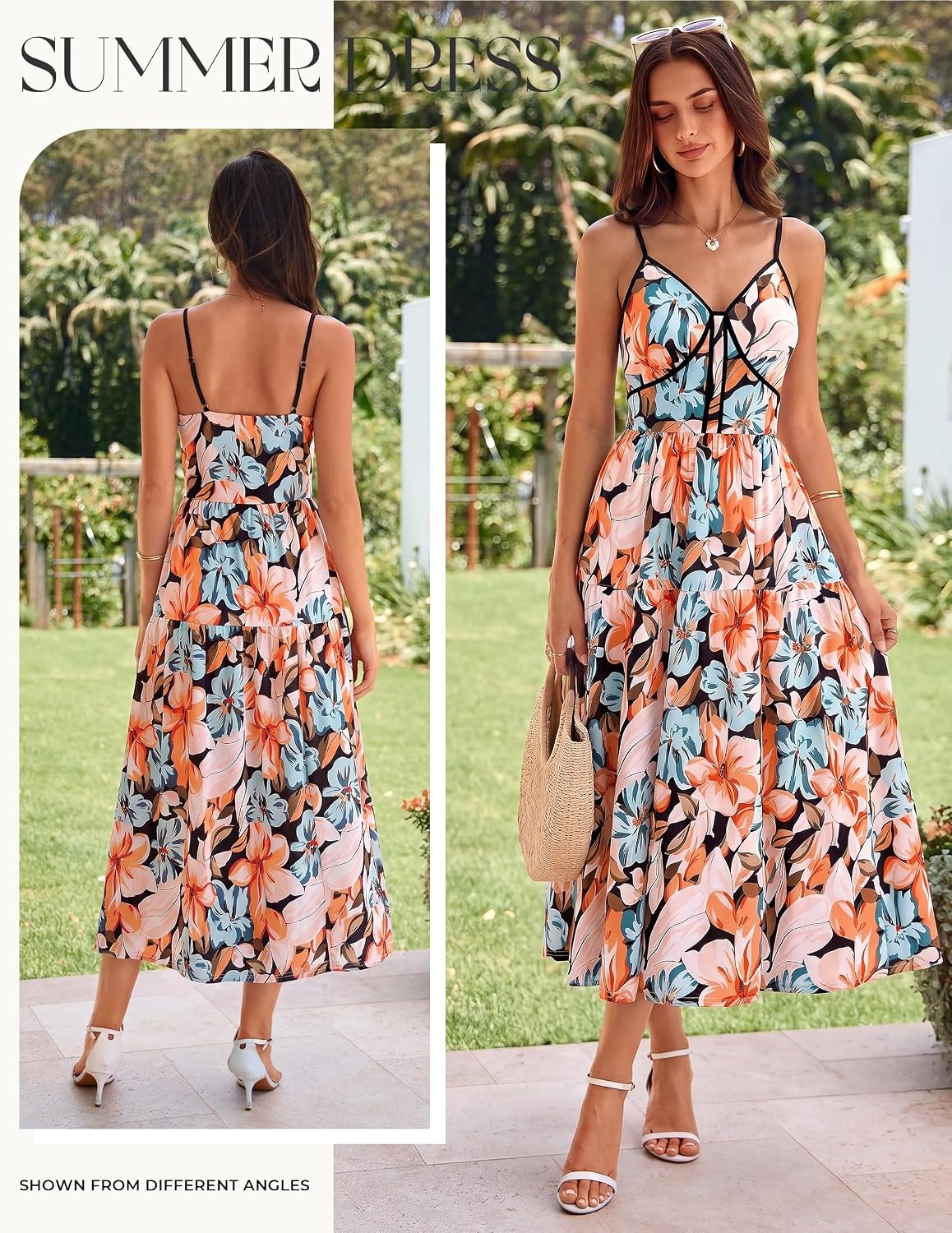 image:imageGRACE KARIN 2026 Womens Spaghetti Strap Resort Wear Summer Beach Maxi Sundress Floral Vacation Dresses with PocketsBlack Orange Floral