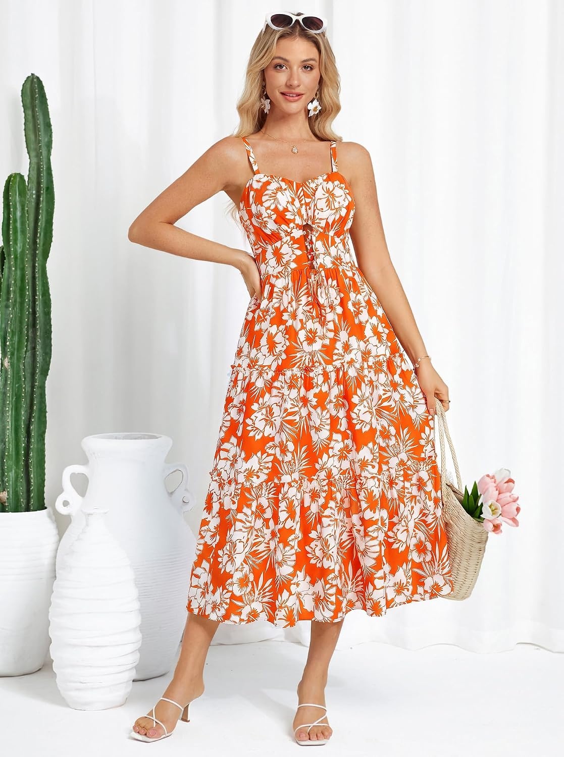image:imageGRACE KARIN 2026 Womens Spaghetti Vacation Sundress Summer Beach Flowy Boho Floral Maxi Dresses with PocketsBig Orange White Floral