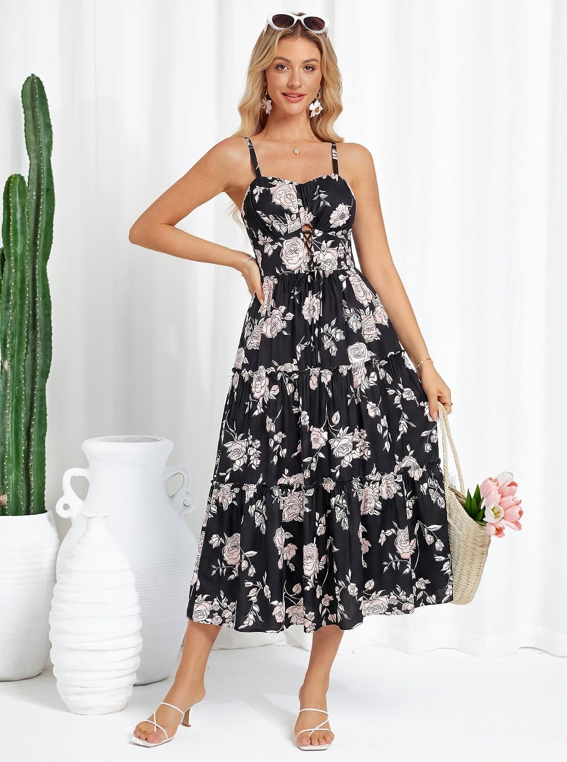 image:imageGRACE KARIN 2026 Womens Spaghetti Vacation Sundress Summer Beach Flowy Boho Floral Maxi Dresses with PocketsBlack Pink Floral