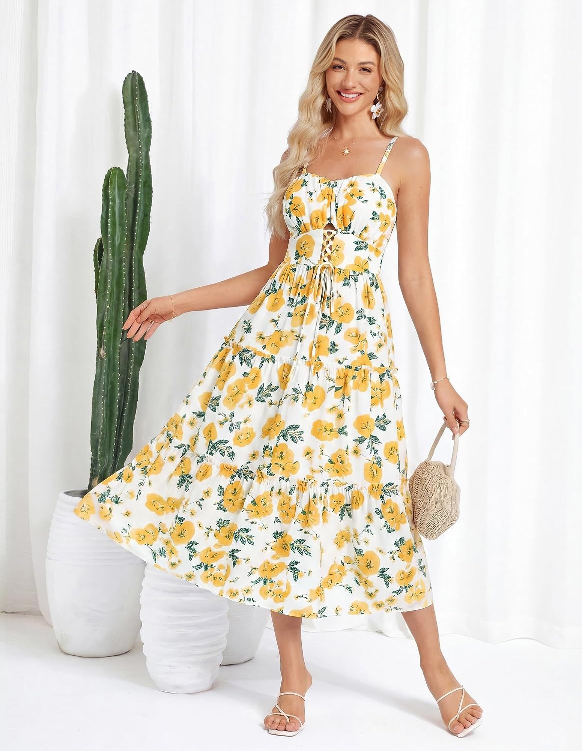 image:imageGRACE KARIN 2026 Womens Spaghetti Vacation Sundress Summer Beach Flowy Boho Floral Maxi Dresses with PocketsWhite Yellow Floral