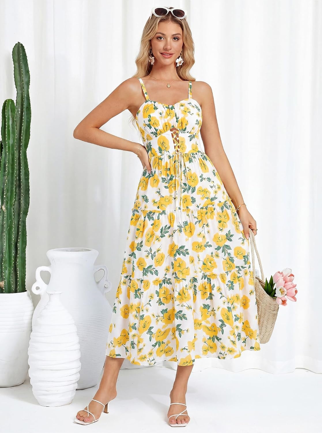 image:imageGRACE KARIN 2026 Womens Spaghetti Vacation Sundress Summer Beach Flowy Boho Floral Maxi Dresses with PocketsWhite Yellow Floral