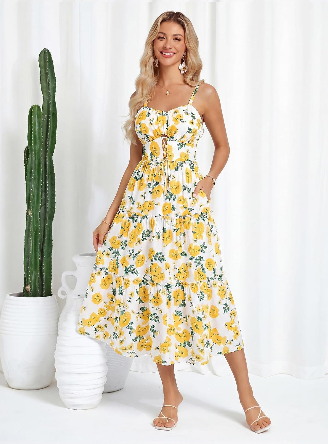 image:imageGRACE KARIN 2026 Womens Spaghetti Vacation Sundress Summer Beach Flowy Boho Floral Maxi Dresses with PocketsWhite Yellow Floral