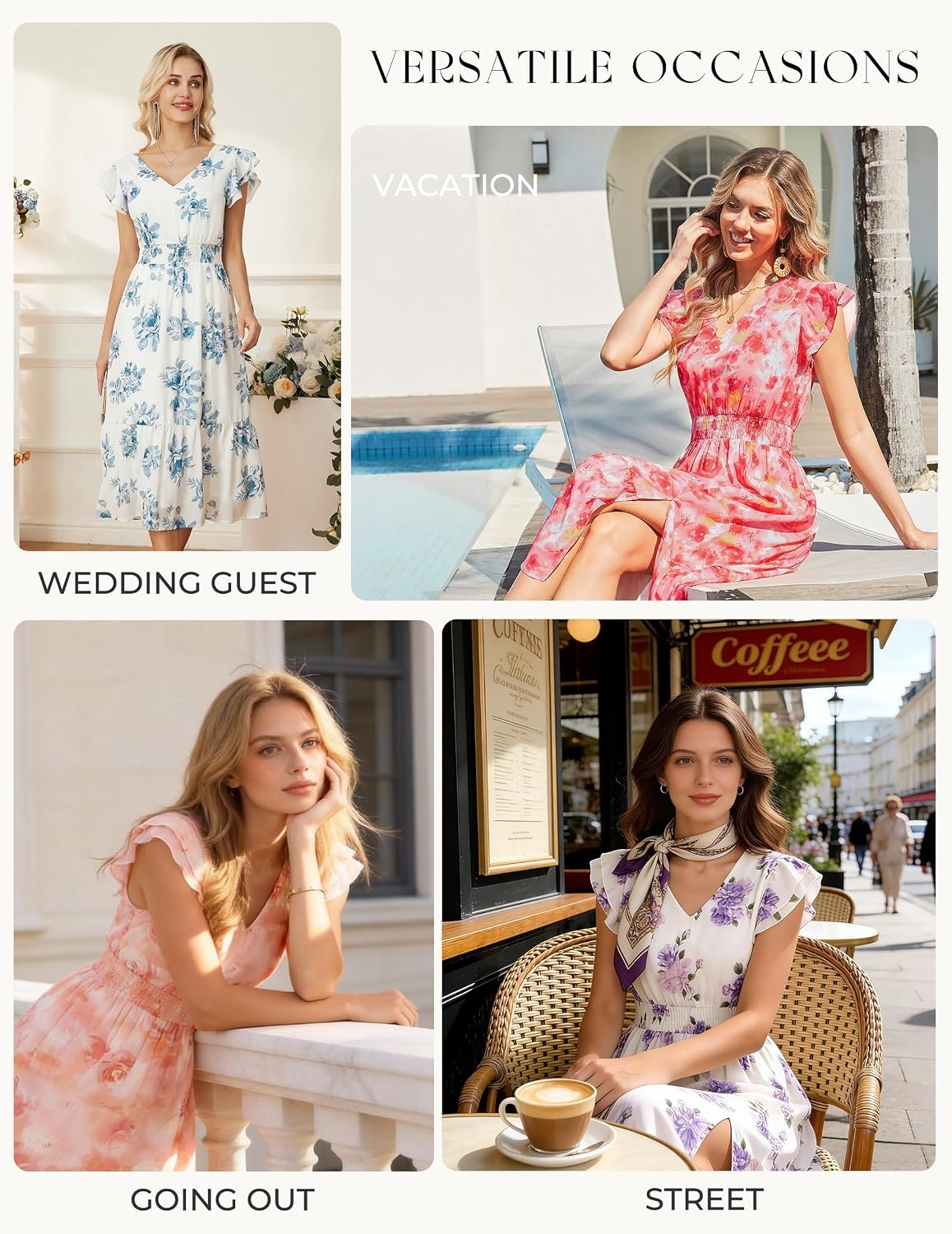 image:imageGRACE KARIN 2026 Womens Summer Dresses V Neck Ruffle Sleeve Floral Boho Beach Dress ALine Swing Midi Wedding Guest SundressBlue Orangefloral Print