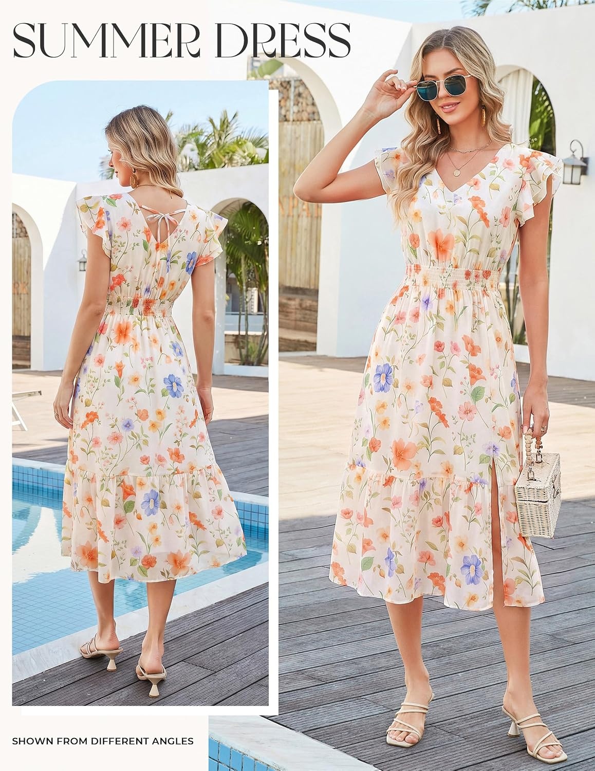 image:imageGRACE KARIN 2026 Womens Summer Dresses V Neck Ruffle Sleeve Floral Boho Beach Dress ALine Swing Midi Wedding Guest SundressBlue Orangefloral Print