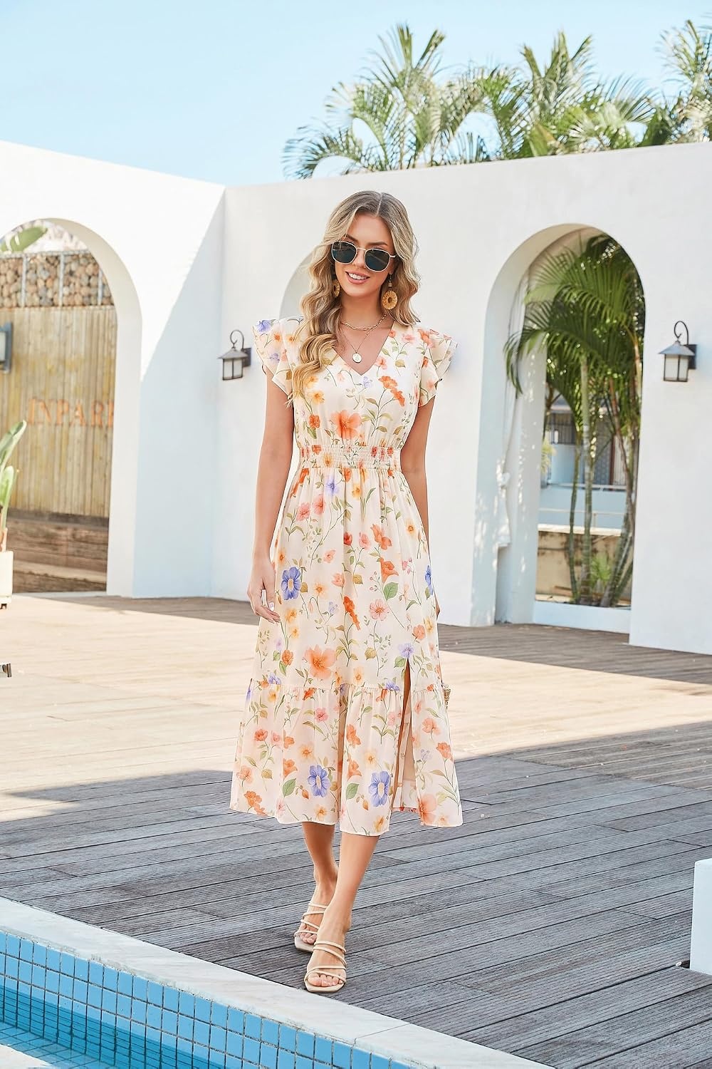 image:imageGRACE KARIN 2026 Womens Summer Dresses V Neck Ruffle Sleeve Floral Boho Beach Dress ALine Swing Midi Wedding Guest SundressBlue Orangefloral Print