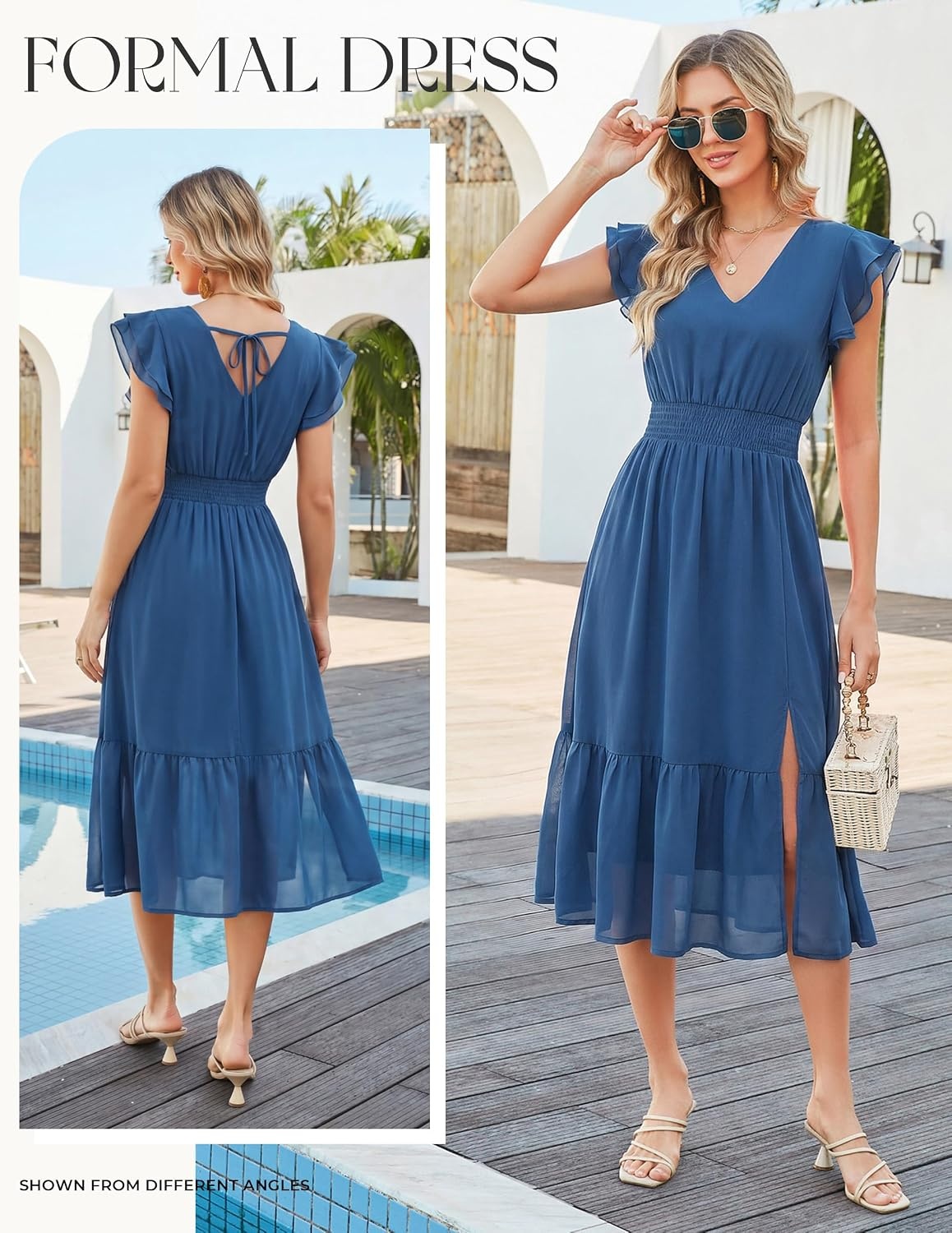image:imageGRACE KARIN 2026 Womens Summer Dresses V Neck Ruffle Sleeve Floral Boho Beach Dress ALine Swing Midi Wedding Guest SundressDark Bluesolid