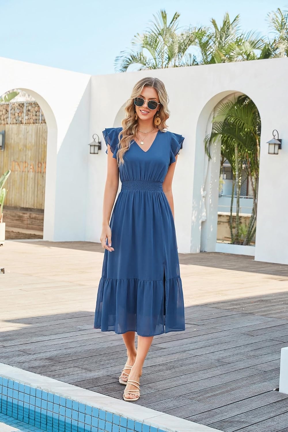 image:imageGRACE KARIN 2026 Womens Summer Dresses V Neck Ruffle Sleeve Floral Boho Beach Dress ALine Swing Midi Wedding Guest SundressDark Bluesolid