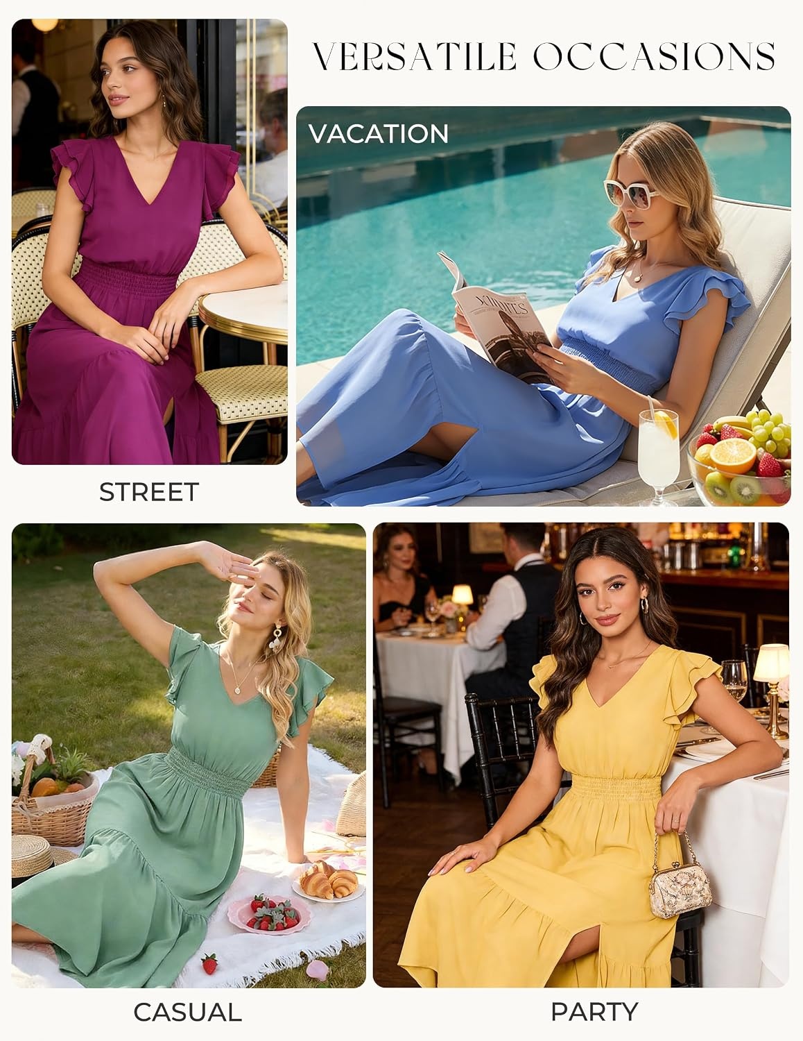 image:imageGRACE KARIN 2026 Womens Summer Dresses V Neck Ruffle Sleeve Floral Boho Beach Dress ALine Swing Midi Wedding Guest SundressDark Bluesolid