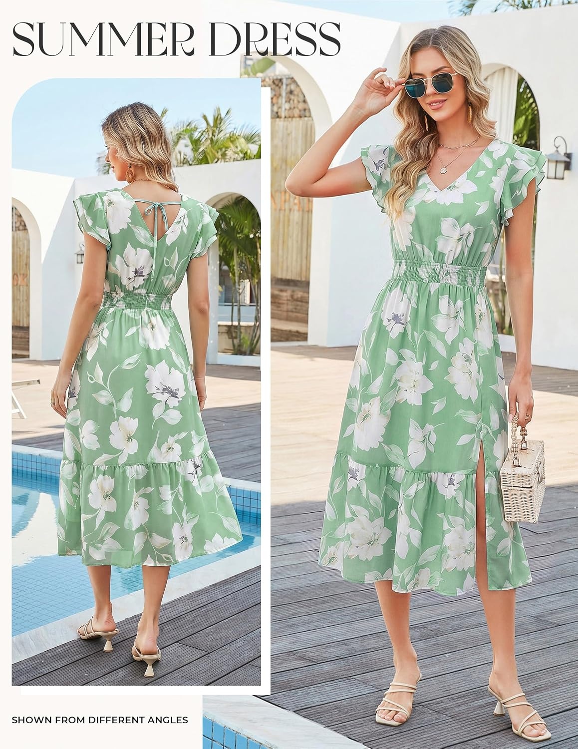 image:imageGRACE KARIN 2026 Womens Summer Dresses V Neck Ruffle Sleeve Floral Boho Beach Dress ALine Swing Midi Wedding Guest SundressGreen Whitefloral Print
