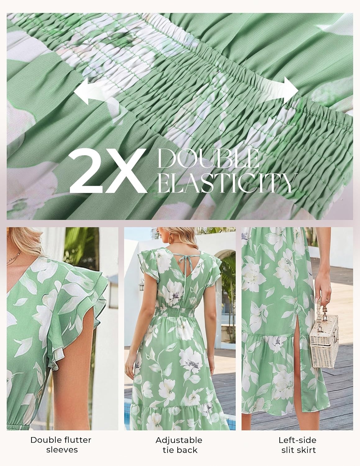 image:imageGRACE KARIN 2026 Womens Summer Dresses V Neck Ruffle Sleeve Floral Boho Beach Dress ALine Swing Midi Wedding Guest SundressGreen Whitefloral Print