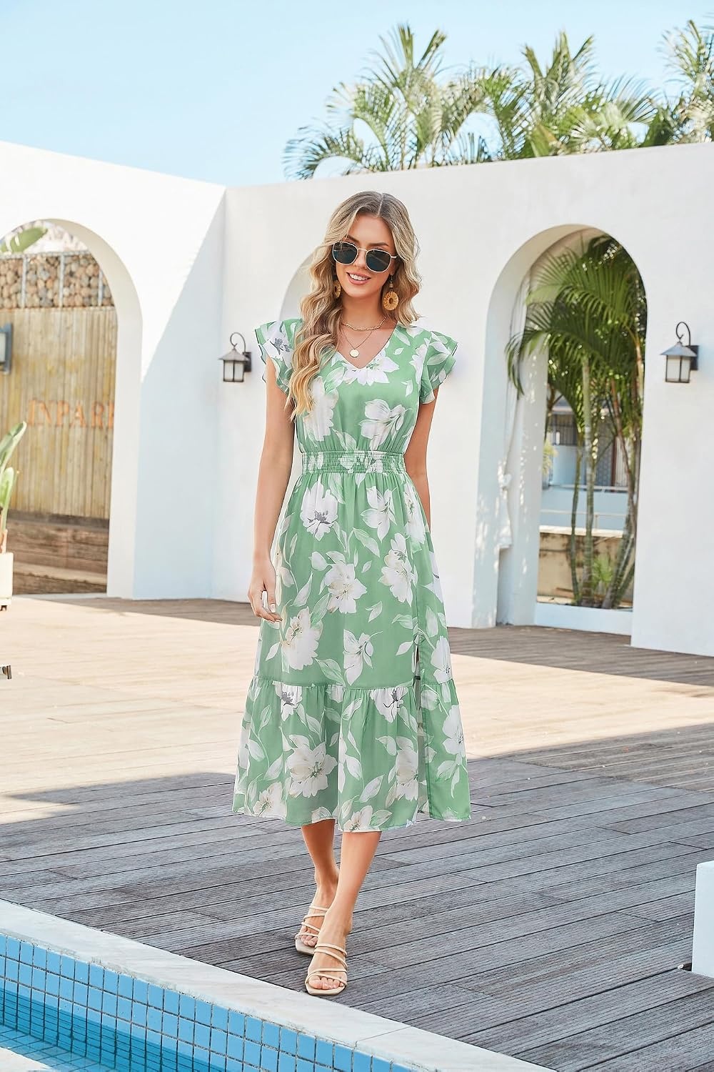 image:imageGRACE KARIN 2026 Womens Summer Dresses V Neck Ruffle Sleeve Floral Boho Beach Dress ALine Swing Midi Wedding Guest SundressGreen Whitefloral Print