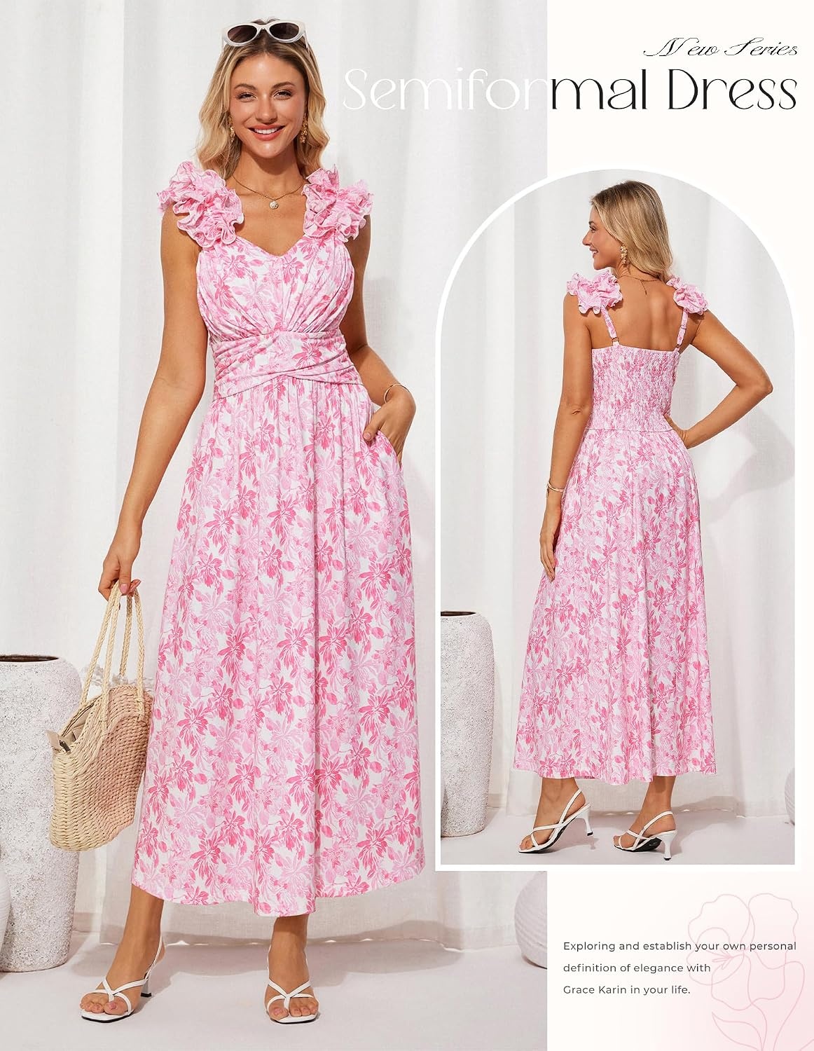 image:imageGRACE KARIN 2026 Womens Summer Floral Print Dress Sleeveless Casual Flowy Sundress A Line Ruffle Wedding Guest OutfitPink Floral
