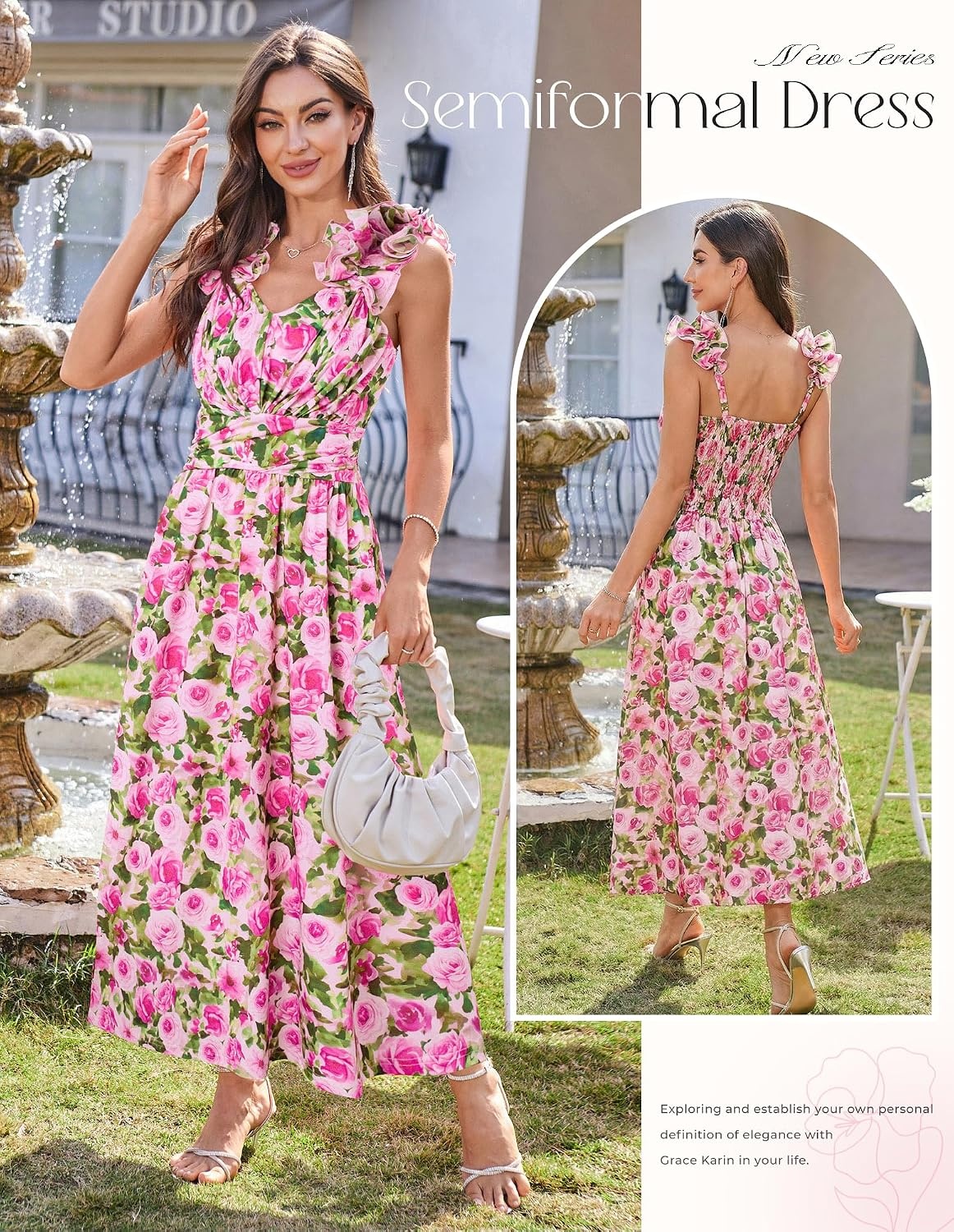 image:imageGRACE KARIN 2026 Womens Summer Floral Print Dress Sleeveless Casual Flowy Sundress A Line Ruffle Wedding Guest OutfitPink Green