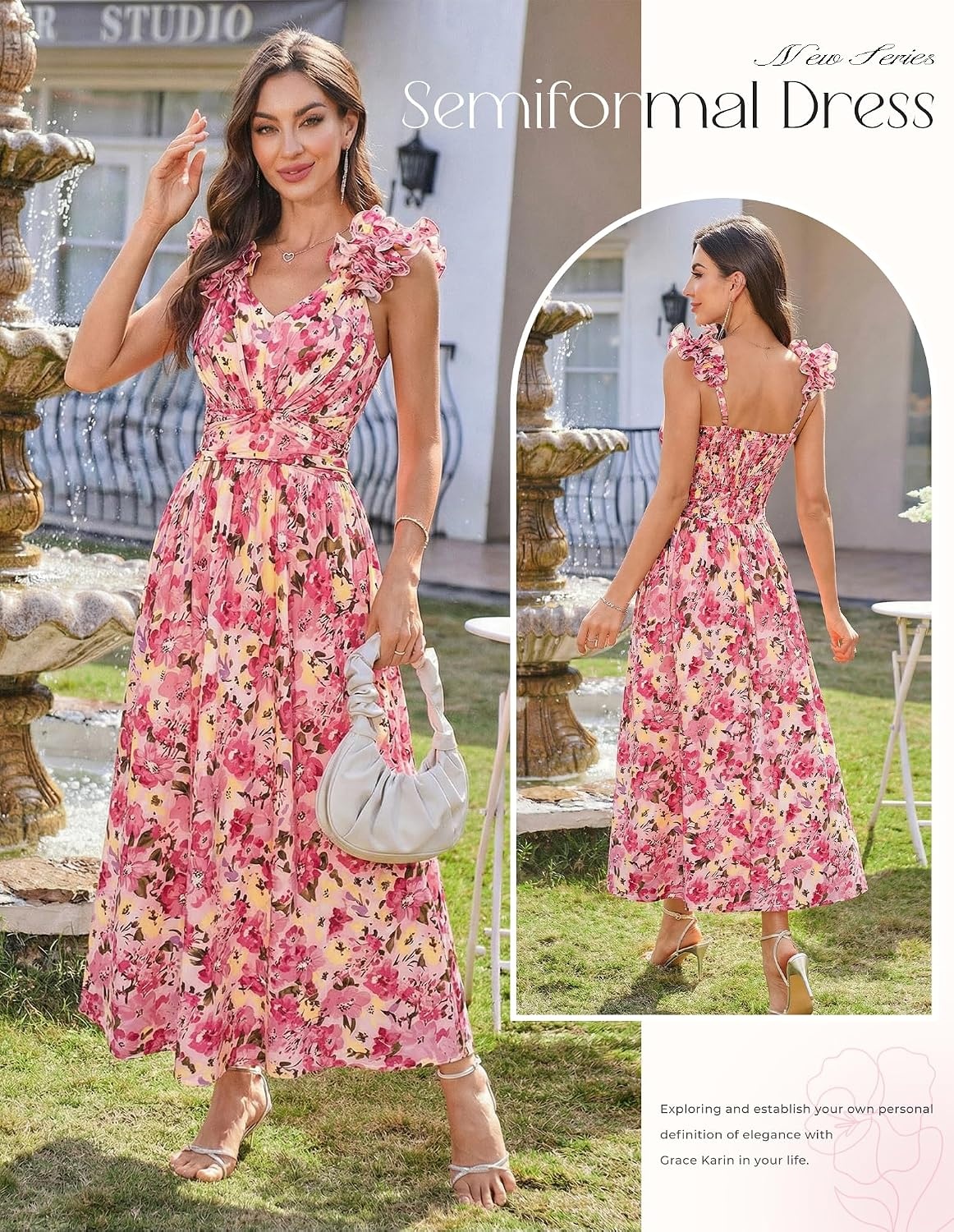 image:imageGRACE KARIN 2026 Womens Summer Floral Print Dress Sleeveless Casual Flowy Sundress A Line Ruffle Wedding Guest OutfitPink Yellow Floral