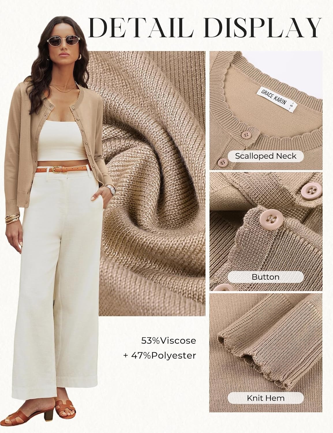 image:imageGRACE KARIN Cardigan Sweaters for Women 2026 Button Down Long Sleeve Cardigans Scalloped Open Front Lightweight SweaterKhaki