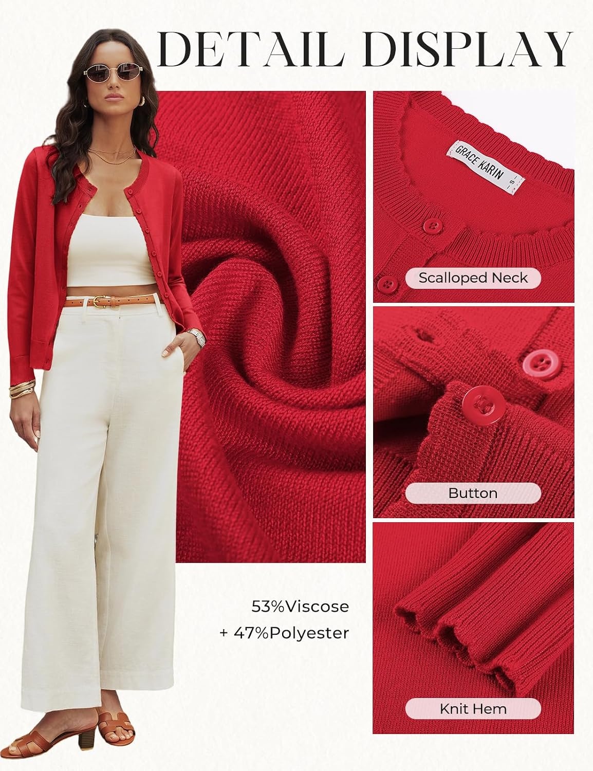 image:imageGRACE KARIN Cardigan Sweaters for Women 2026 Button Down Long Sleeve Cardigans Scalloped Open Front Lightweight SweaterRed