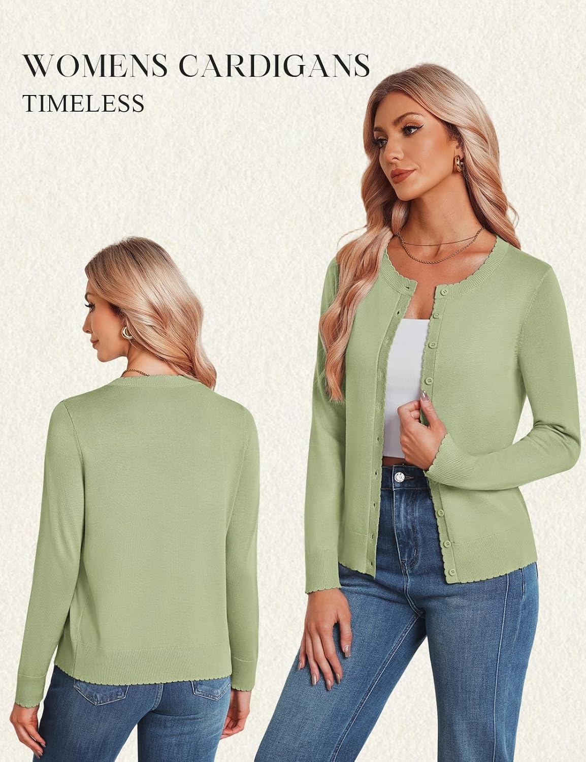 image:imageGRACE KARIN Cardigan Sweaters for Women 2026 Button Down Long Sleeve Cardigans Scalloped Open Front Lightweight SweaterSage Green