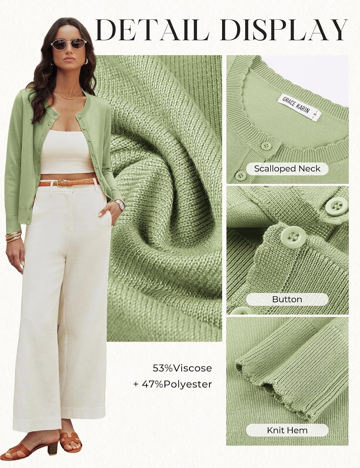 image:imageGRACE KARIN Cardigan Sweaters for Women 2026 Button Down Long Sleeve Cardigans Scalloped Open Front Lightweight SweaterSage Green