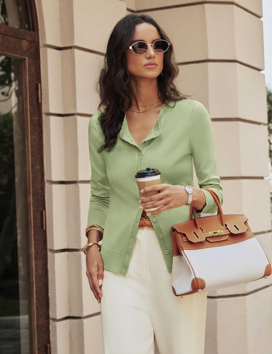 image:imageGRACE KARIN Cardigan Sweaters for Women 2026 Button Down Long Sleeve Cardigans Scalloped Open Front Lightweight SweaterSage Green