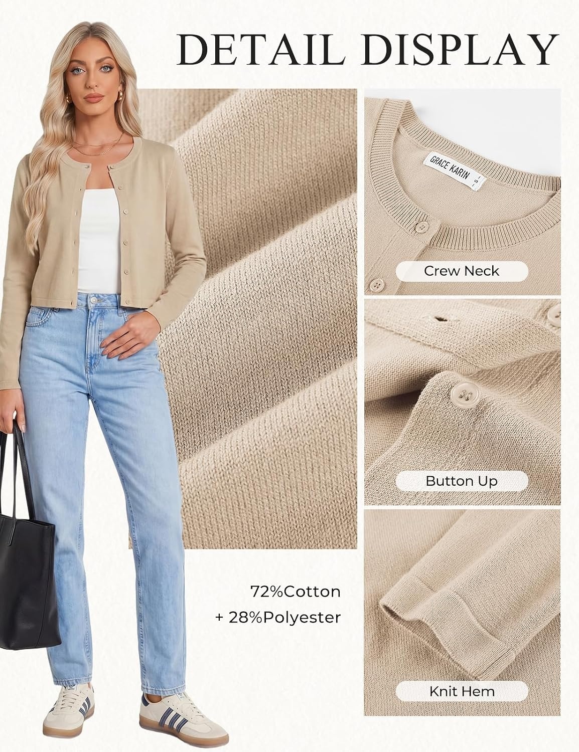image:imageGRACE KARIN Cropped Cardigan Sweaters for Women Cotton Bolero Shrugs for Dresses Summer Fall Fashion Outfits Clothes 2026Light Khaki