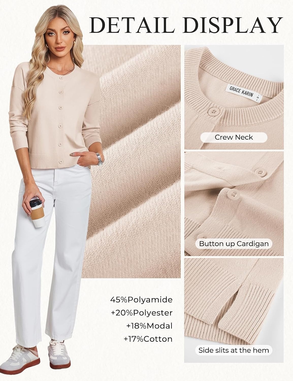 image:imageGRACE KARIN Cropped Cardigan Sweaters for Women Cotton Button up Sweater Oversized Knit Cardigans Trendy 2026Apricot