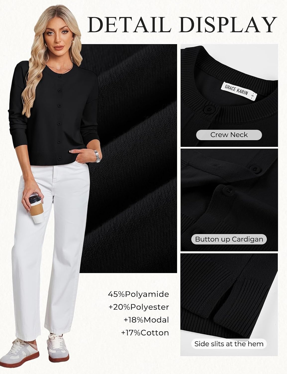image:imageGRACE KARIN Cropped Cardigan Sweaters for Women Cotton Button up Sweater Oversized Knit Cardigans Trendy 2026Black
