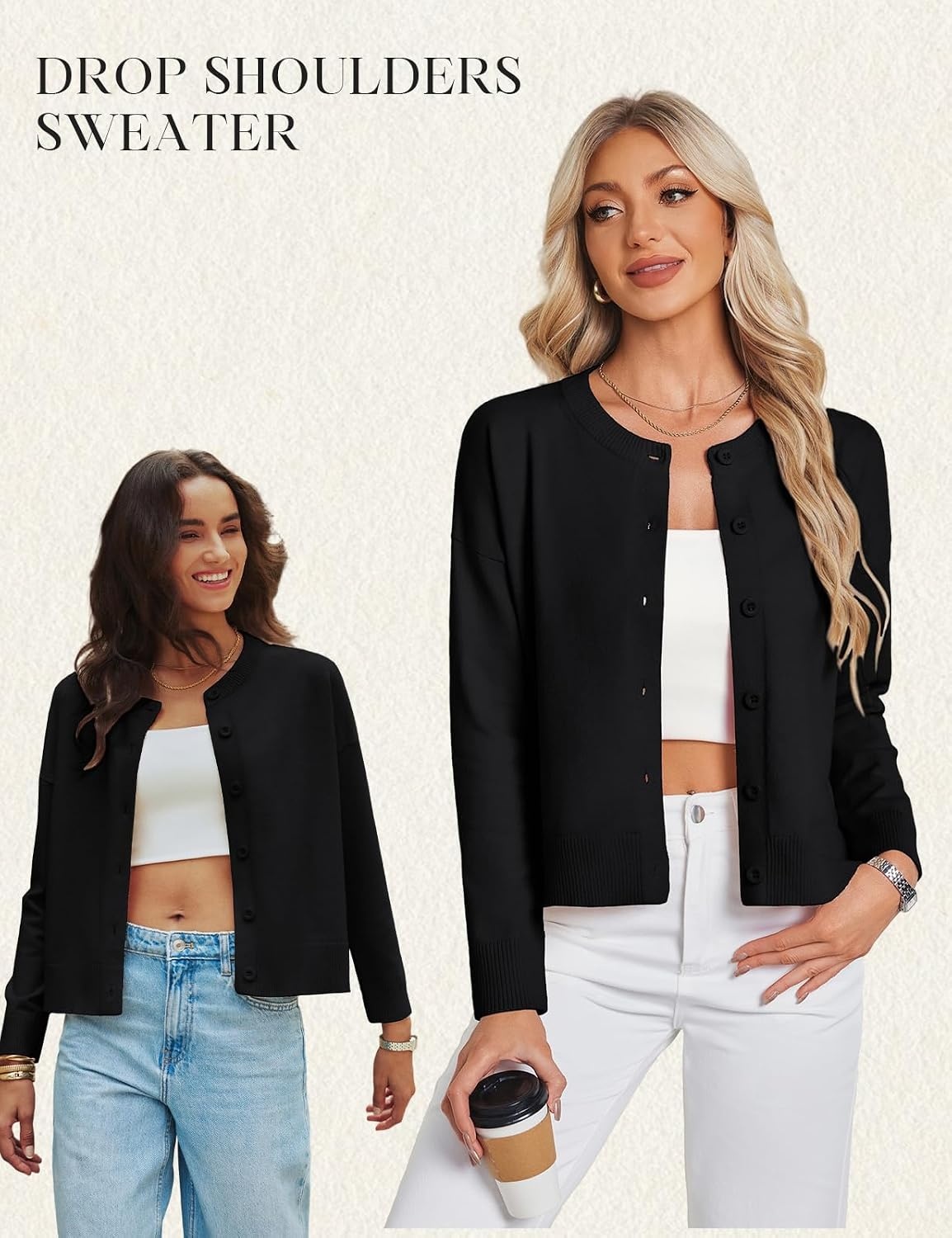 image:imageGRACE KARIN Cropped Cardigan Sweaters for Women Cotton Button up Sweater Oversized Knit Cardigans Trendy 2026Black