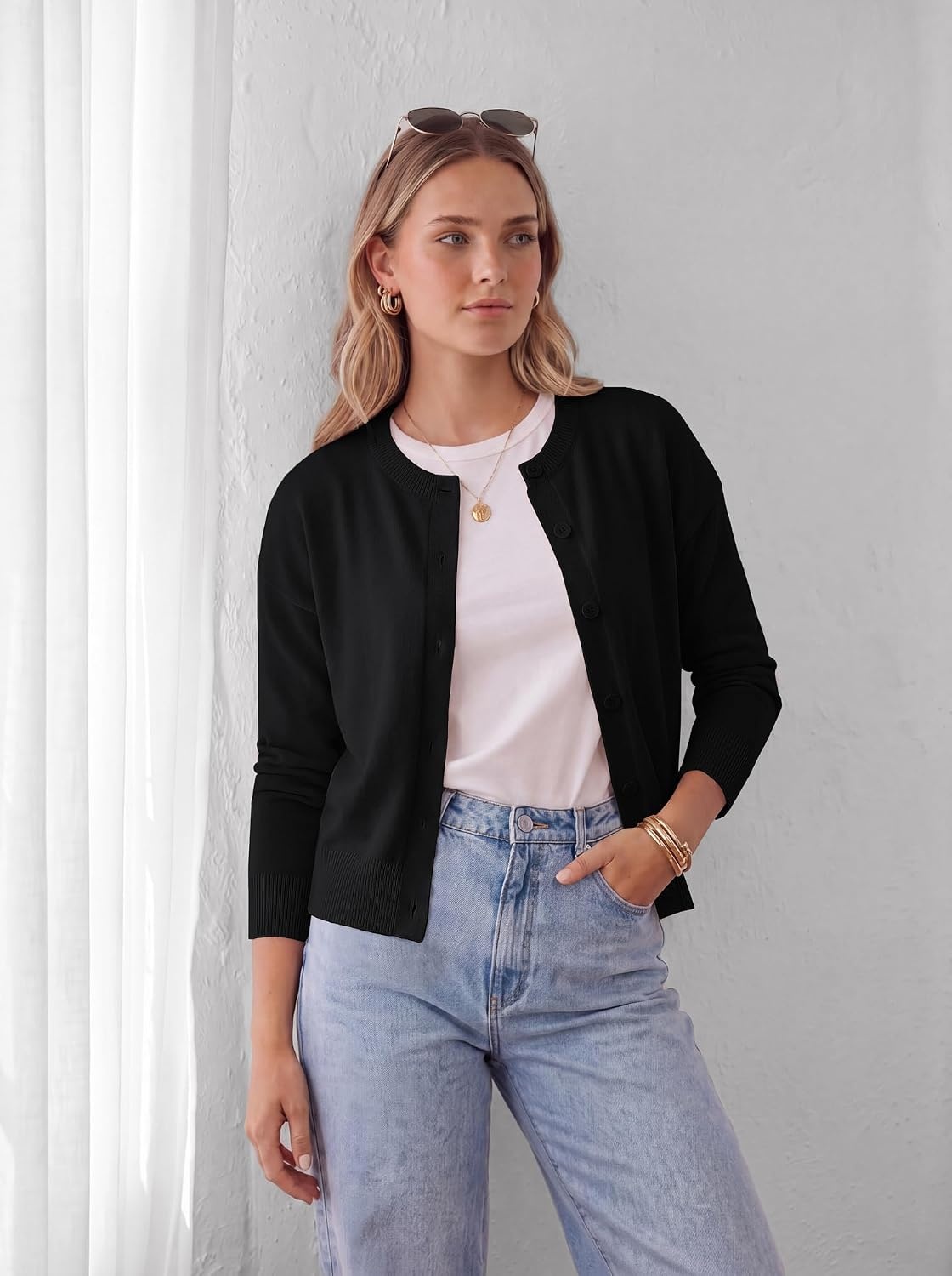 image:imageGRACE KARIN Cropped Cardigan Sweaters for Women Cotton Button up Sweater Oversized Knit Cardigans Trendy 2026Black